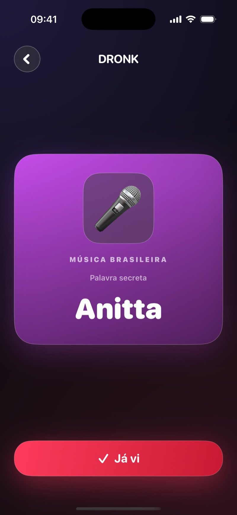 Carta da palavra secreta no Dronk: carta laranja com a categoria Animals e a palavra secreta Penguin, mais um botão I've seen it (captura da versão em inglês)