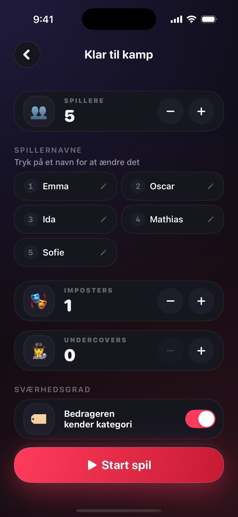 Opsætningen Klar til kamp i Dronk: 5 spillere med navnene Emma, Oscar, Ida, Mathias og Sofie, 1 imposter, 0 undercovers, sværhedsgraden Bedrageren kender kategori slået til og knappen Start spil