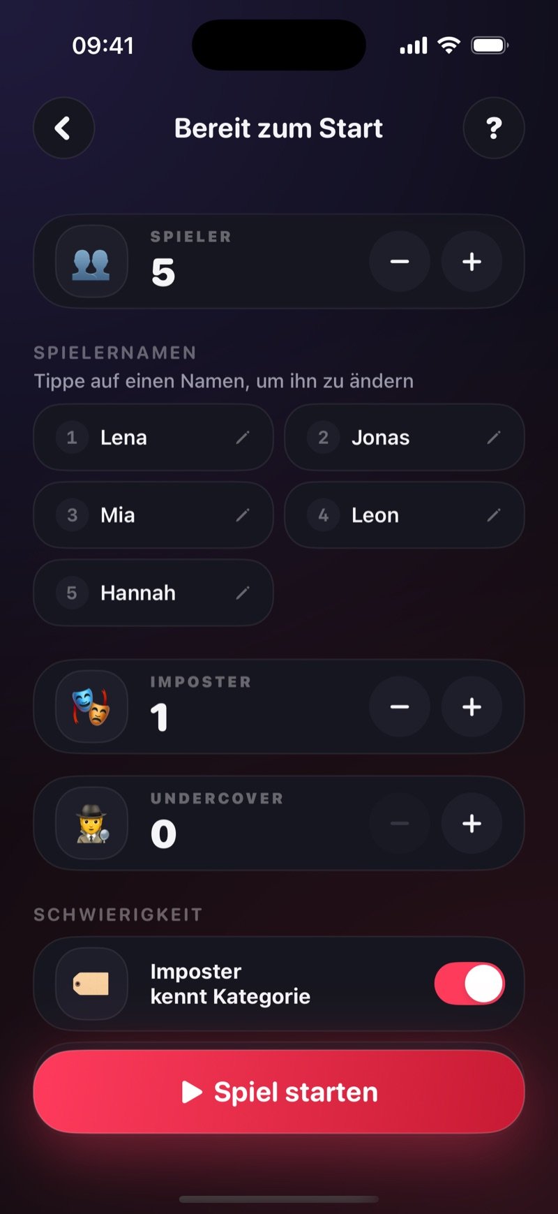 Der Aufbau-Bildschirm vom Imposter-Spiel in Dronk: 5 Spieler namens Olivia, Jake, Mia, Tyler und Sophie, 1 Imposter, 0 Undercover, der Schalter Imposter knows category an und ein Start-Game-Button