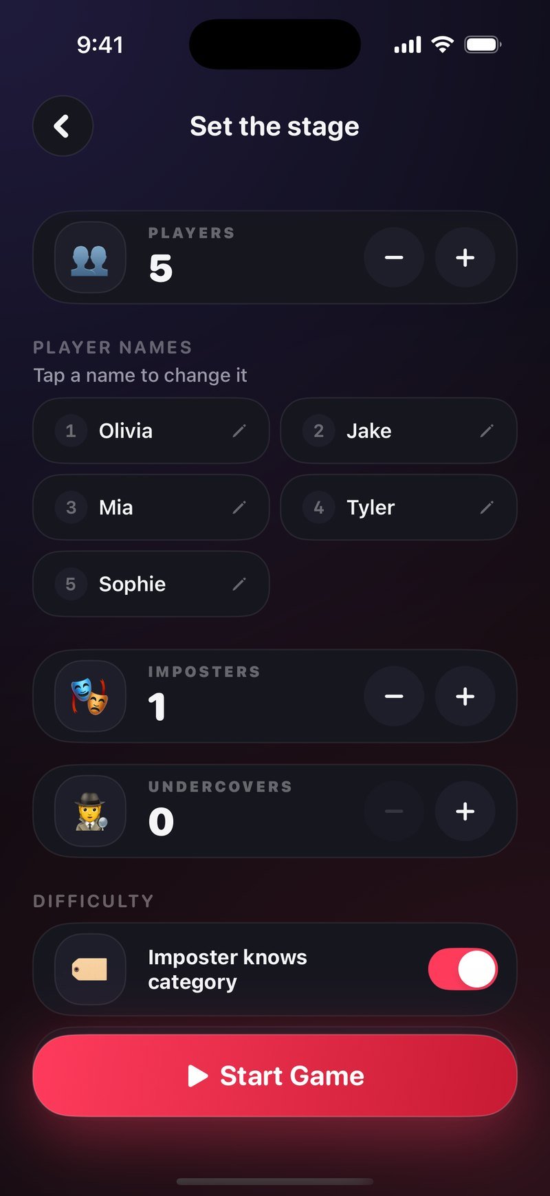 Setup-scherm van het imposter spel in Dronk: 5 spelers met de namen Olivia, Jake, Mia, Tyler en Sophie, 1 imposter, 0 undercovers, de schakelaar Imposter knows category aan, en een Start Game-knop