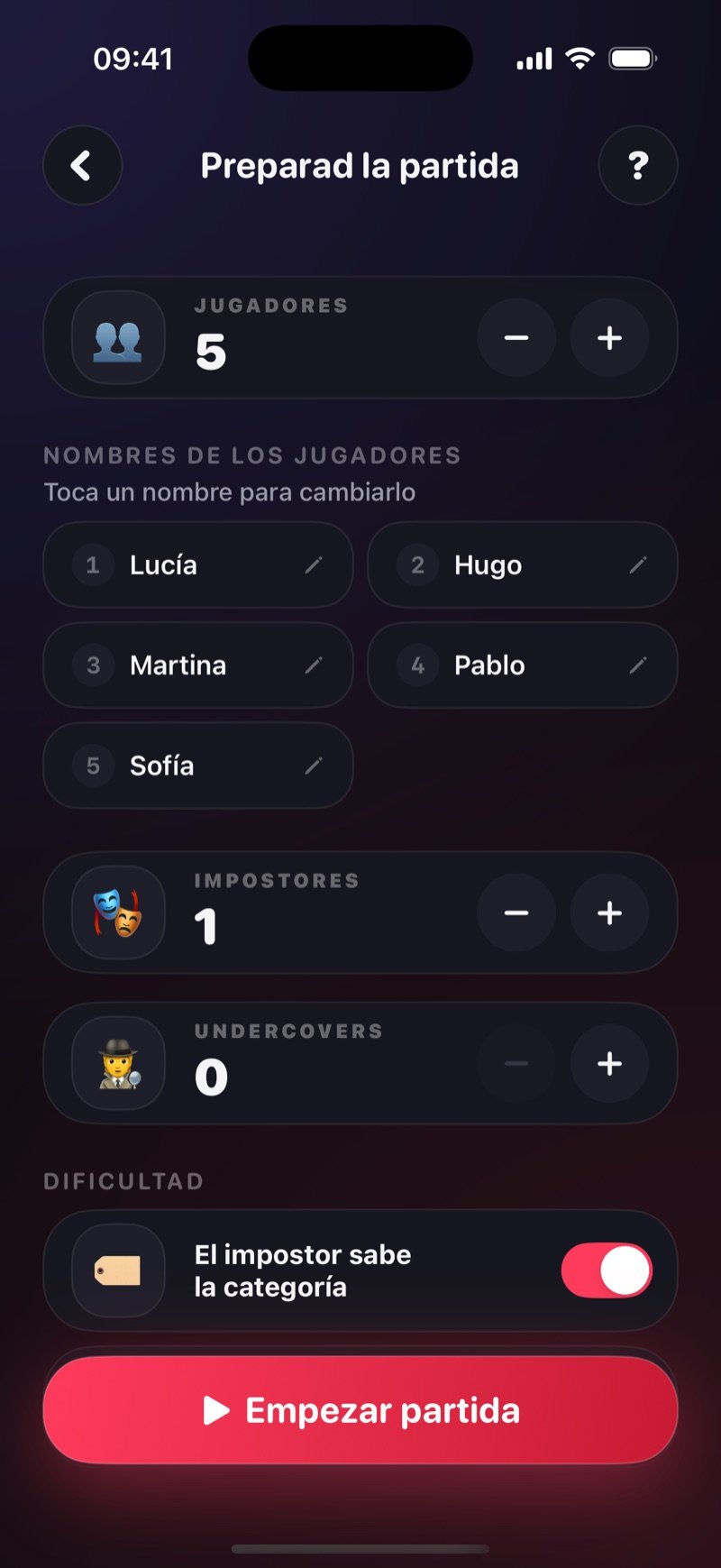 Pantalla de configuración del impostor en Dronk: 5 jugadores llamados Olivia, Jake, Mia, Tyler y Sophie, 1 impostor, 0 undercovers, el interruptor Imposter knows category activado y un botón Start Game (captura de la versión en inglés)