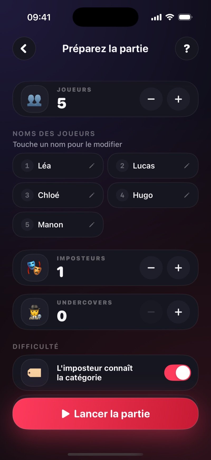 Écran de mise en place de l'imposteur dans Dronk : 5 joueurs nommés Olivia, Jake, Mia, Tyler et Sophie, 1 imposteur, 0 undercover, l'option Imposter knows category activée, et un bouton Start Game (capture de la version anglaise)