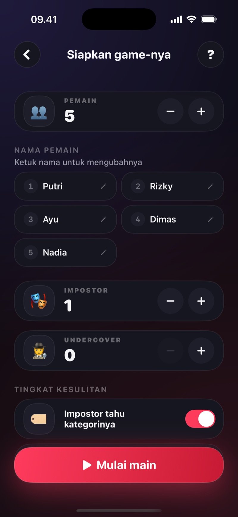Layar persiapan Impostor di Dronk: daftar nama pemain, jumlah impostor dan undercover, tombol Impostor tahu kategorinya, dan tombol Mulai main
