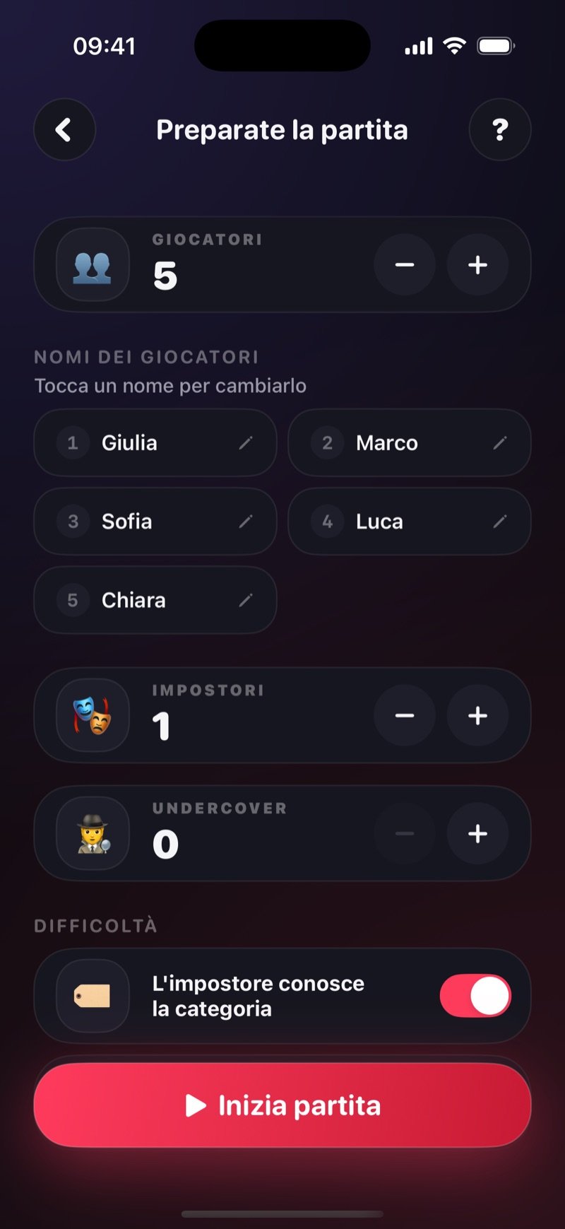 Schermata di preparazione dell'impostore in Dronk: 5 giocatori chiamati Olivia, Jake, Mia, Tyler e Sophie, 1 impostore, 0 undercover, l'interruttore Imposter knows category attivo e il pulsante Start Game (screenshot della versione inglese)