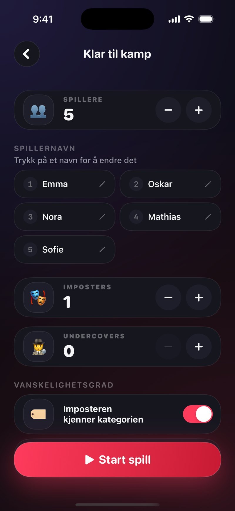 Oppsettet Klar til kamp i Dronk: 5 spillere med navnene Emma, Oskar, Nora, Mathias og Sofie, 1 imposter, 0 undercovers, innstillingen Imposteren kjenner kategorien slått på og den røde knappen Start spill