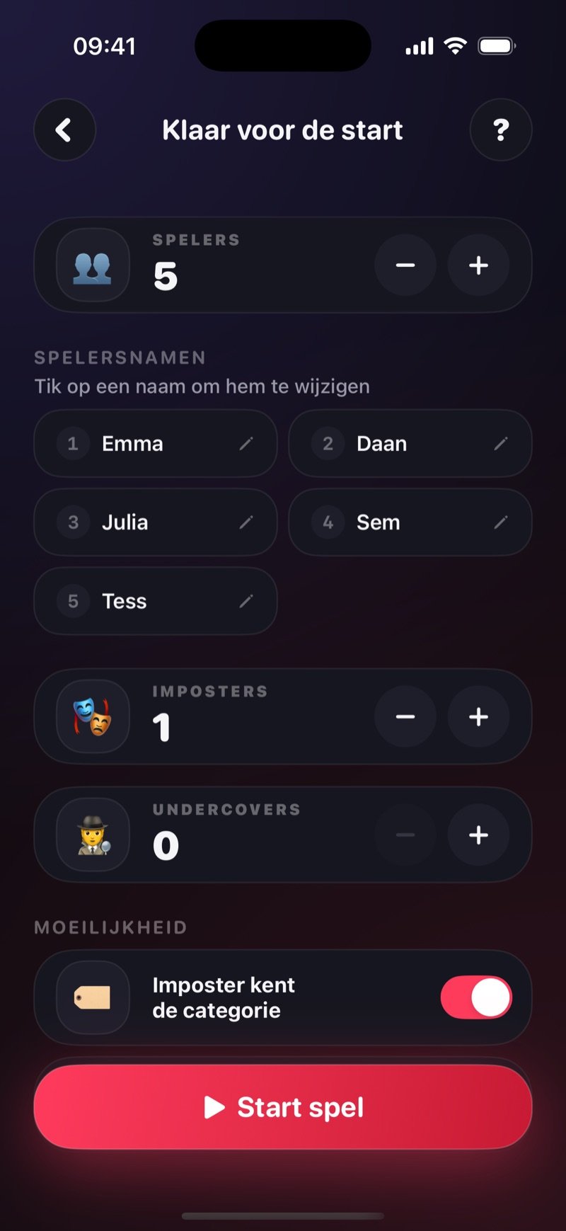 Setup-scherm van het imposter spel in Dronk: 5 spelers met de namen Olivia, Jake, Mia, Tyler en Sophie, 1 imposter, 0 undercovers, de schakelaar Imposter knows category aan, en een Start Game-knop (screenshot van de Engelse versie)