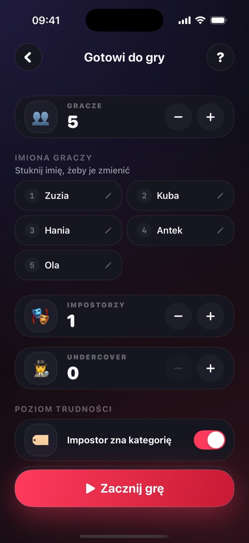 Ekran ustawień gry w impostora w Dronk: 5 graczy o imionach Olivia, Jake, Mia, Tyler i Sophie, 1 impostor, 0 undercover, włączony przełącznik Imposter knows category i przycisk Start Game (zrzut z wersji angielskiej)