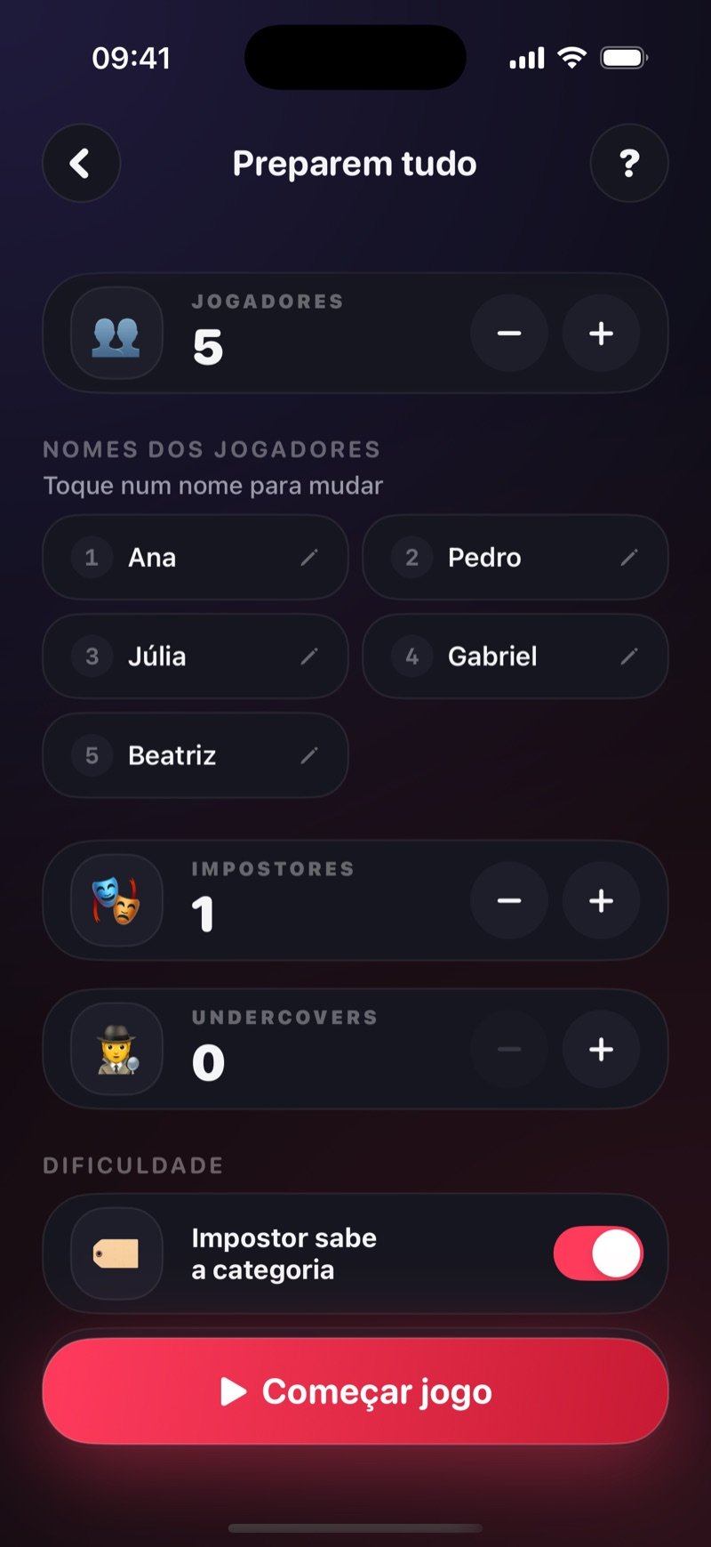 Tela de preparação do impostor no Dronk: 5 jogadores chamados Olivia, Jake, Mia, Tyler e Sophie, 1 impostor, 0 undercovers, a opção Imposter knows category (impostor conhece a categoria) ligada e um botão Start Game (captura da versão em inglês)