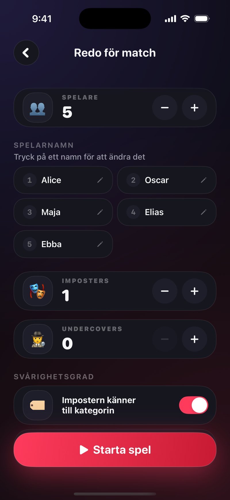 Uppsättningen Redo för match i Dronk: 5 spelare med namnen Alice, Oscar, Maja, Elias och Ebba, 1 imposter, 0 undercovers, inställningen Impostern känner till kategorin påslagen och knappen Starta spel