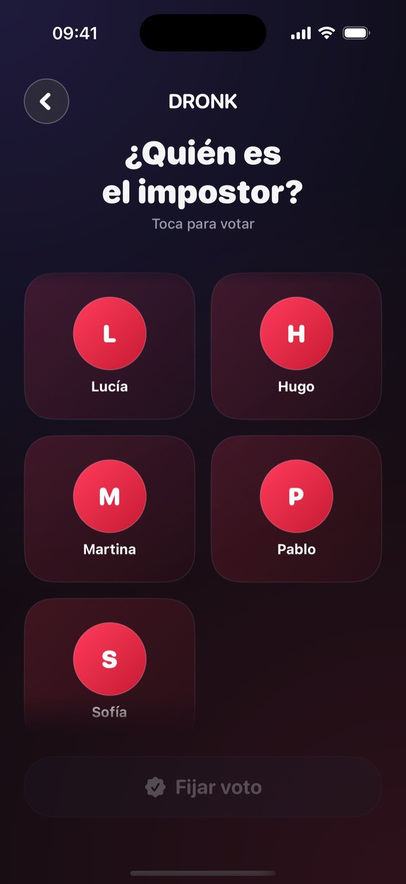 Pantalla de votación en Dronk: Who's the imposter? Tap to vote, con cinco fichas de jugador para Olivia, Jake, Mia, Tyler y Sophie y un botón Lock in vote (captura de la versión en inglés)