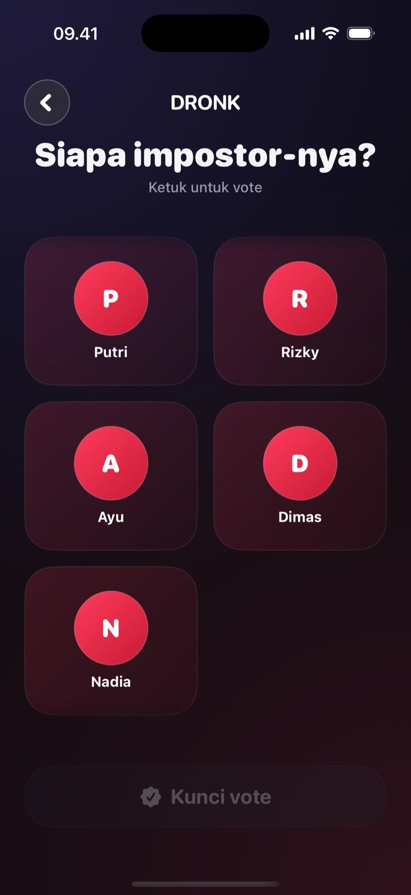 Layar voting di Dronk: Siapa impostor-nya? dengan kotak untuk setiap pemain dan tombol Kunci vote