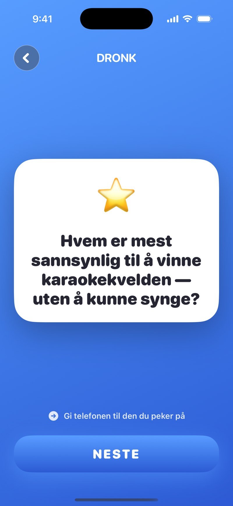 Mest sannsynlig i Dronk: kortet spør hvem som er mest sannsynlig til å vinne karaokekvelden