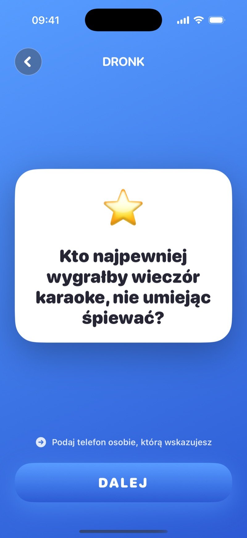 Kto najpewniej w apce Dronk: karta z pytaniem z talii The Classics