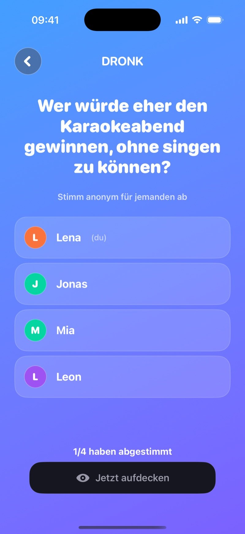Die LIVE-Abstimmung von Wer würde eher: die Frage Who is most likely to win karaoke night, without being able to sing? über Vote anonymously for someone, die Spieler Olivia (you), Jake, Mia und Tyler, der Zähler 1/4 have voted und ein Reveal-now-Button