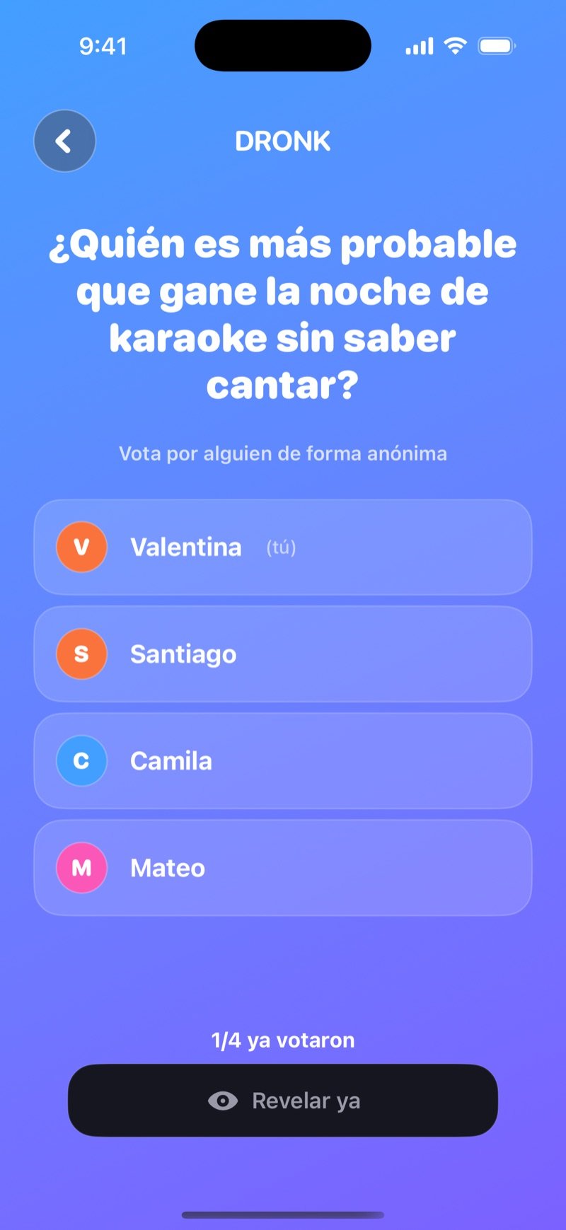 Votación LIVE de Quién es más probable en Dronk: la pregunta, la lista de jugadores para votar en secreto, el contador de votos y el botón Revelar ya