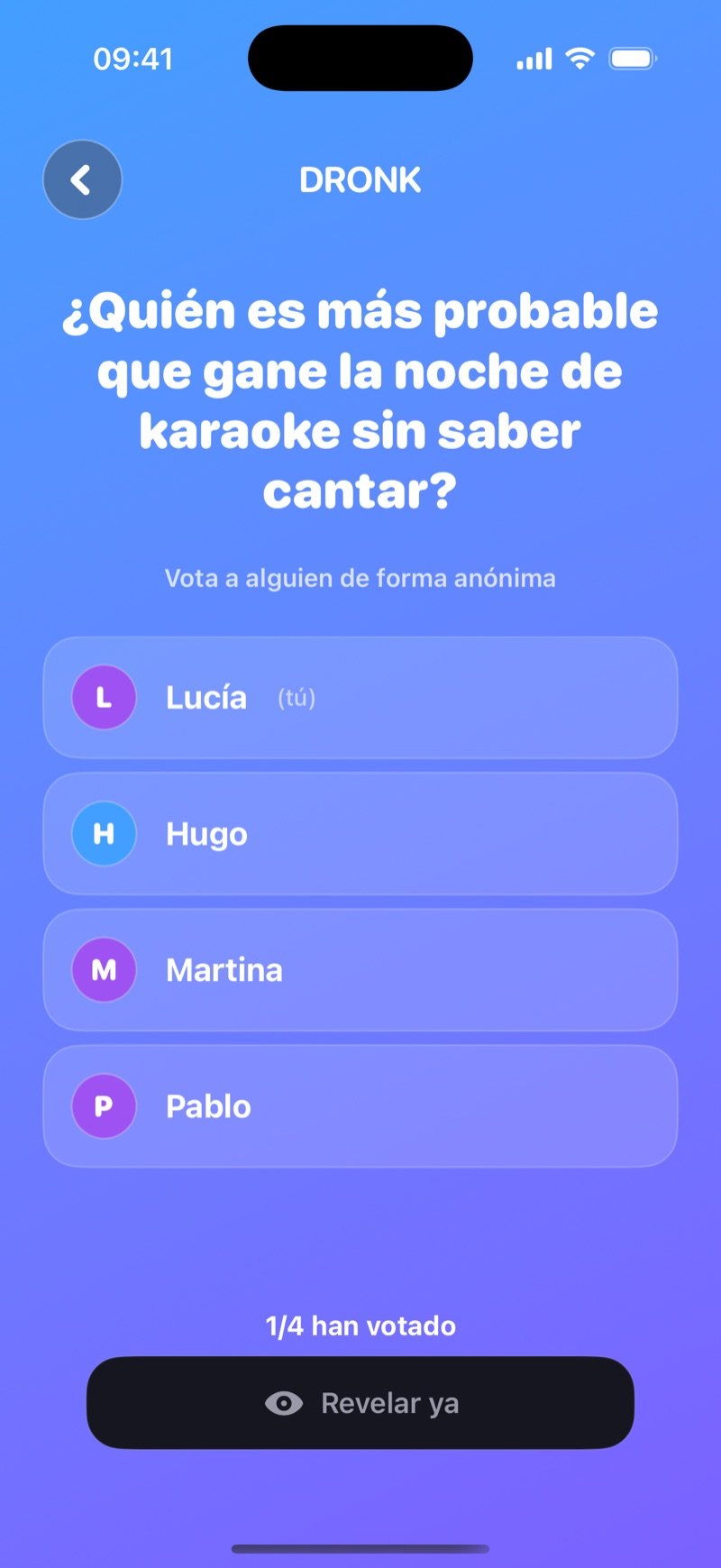 Votación LIVE de quién es más probable: la pregunta Who's most likely to win karaoke night, without being able to sing? encima de Vote anonymously for someone, los jugadores Olivia (you), Jake, Mia y Tyler, el contador 1/4 have voted y un botón Reveal now (captura de la versión en inglés)