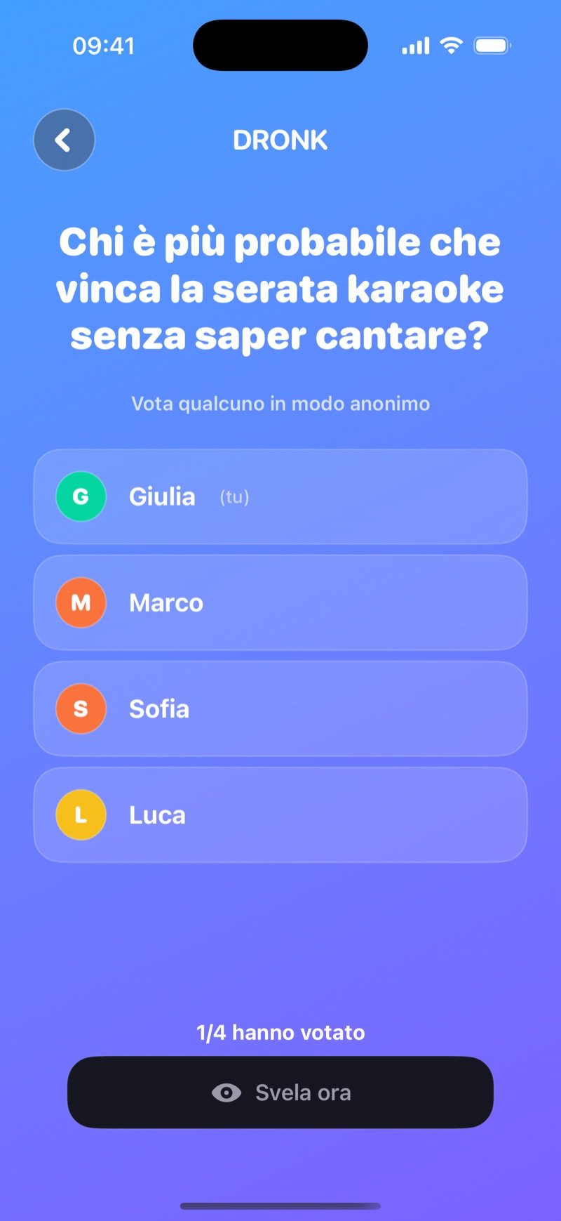 Votazione LIVE di Chi è più probabile: la domanda Who's most likely to win karaoke night, without being able to sing? sopra Vote anonymously for someone, i giocatori Olivia (you), Jake, Mia e Tyler, il contatore 1/4 have voted e il pulsante Reveal now (screenshot della versione inglese)