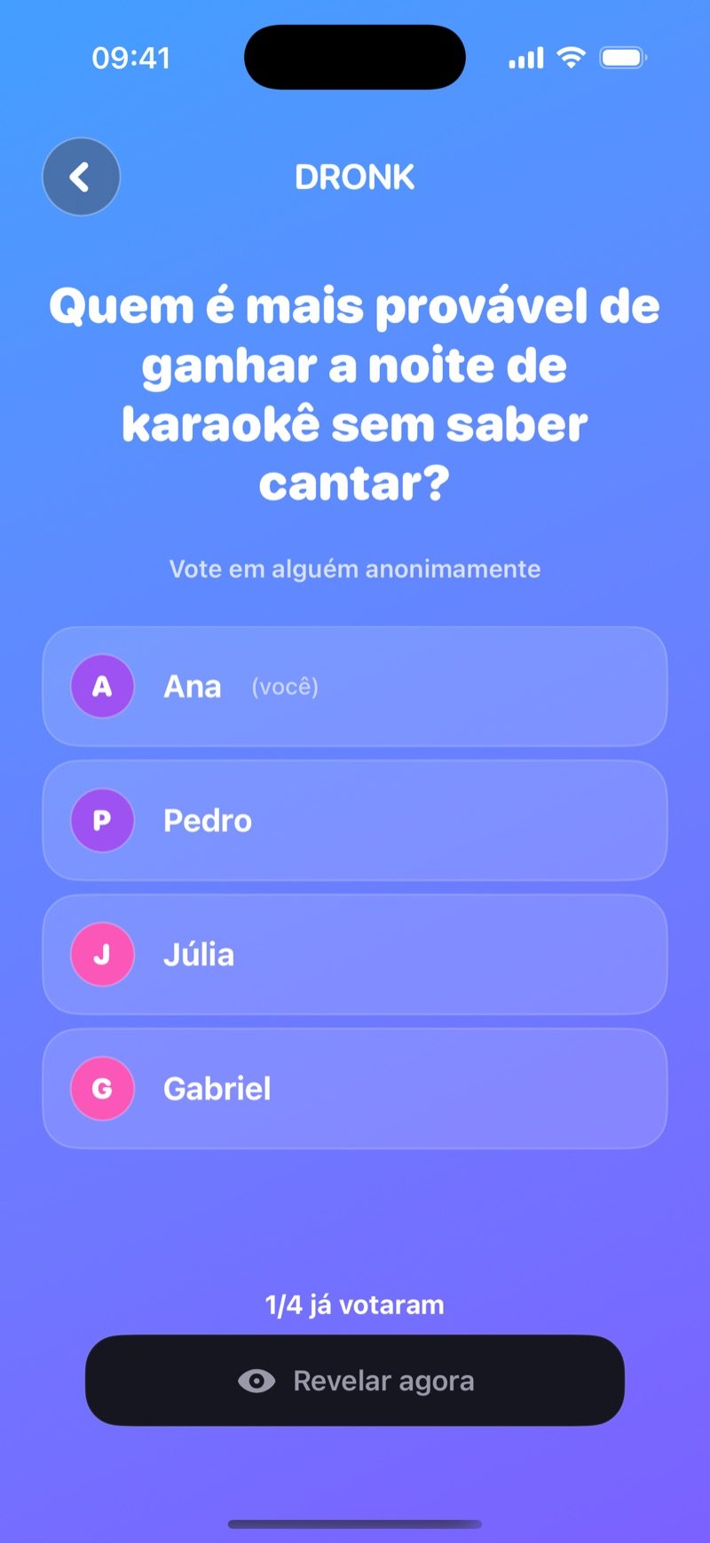 Votação LIVE de Quem é Mais Provável: a pergunta Who's most likely to win karaoke night, without being able to sing? acima de Vote anonymously for someone, os jogadores Olivia (você), Jake, Mia e Tyler, o contador 1/4 já votaram e um botão Reveal now (captura da versão em inglês)