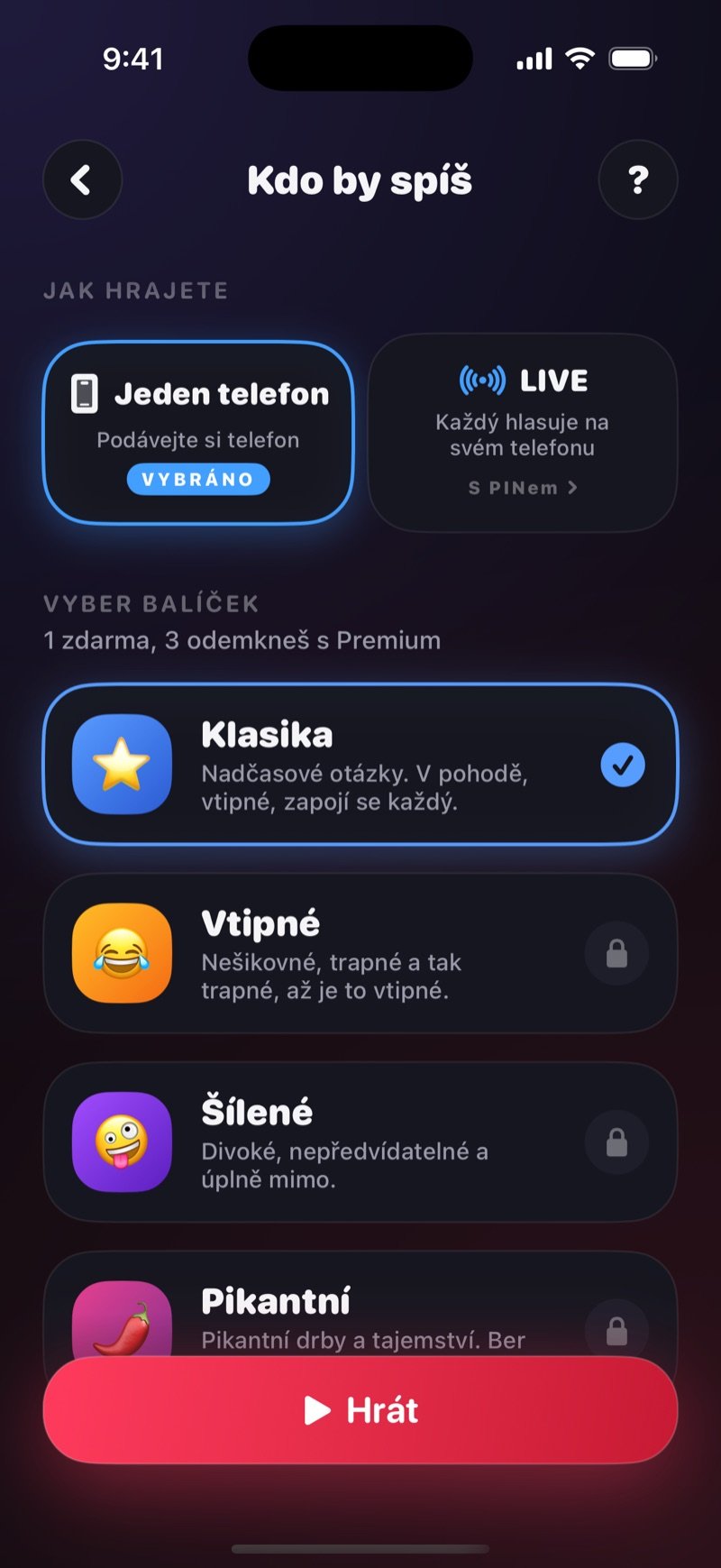 Nastavení hry Kdo by spíš: volba Jeden telefon vedle LIVE, řádek Máš PIN? Připoj se ke hře a seznam balíčků nad tlačítkem Hrát