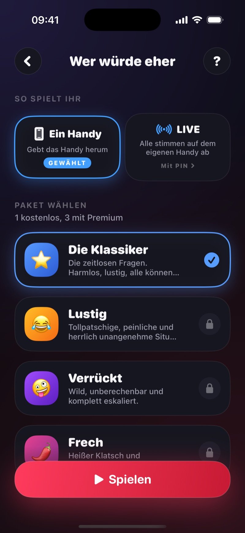 Der Aufbau-Bildschirm von Wer würde eher: One phone gewählt neben LIVE, eine Zeile Got a game pin? Join the game, und die Pack-Liste mit The Classics angehakt, Funny und Crazy mit Schloss-Symbol, über einem Play-Button