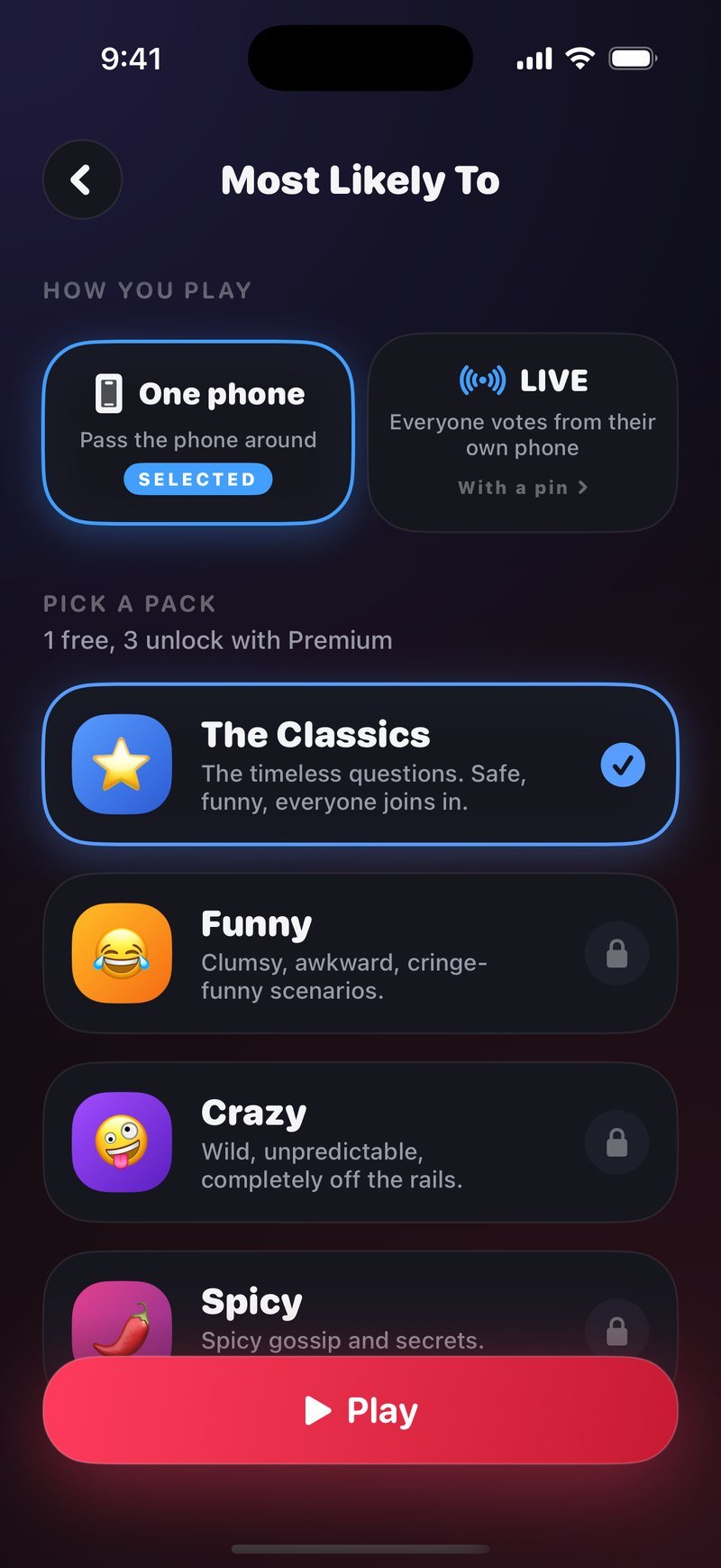Der Aufbau-Bildschirm von Most Likely To: One phone gewählt neben LIVE, eine Zeile Got a game pin? Join the game, und die Pack-Liste mit The Classics angehakt, Funny und Crazy mit Schloss-Symbol, über einem Play-Button