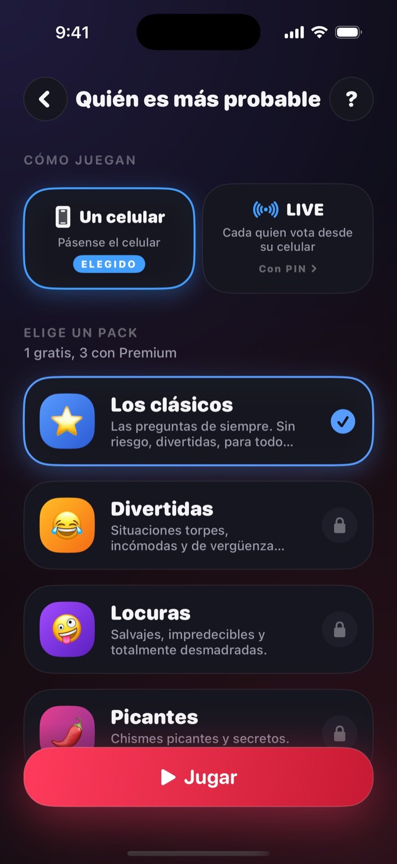 Pantalla de configuración de Quién es más probable en Dronk: Un celular o LIVE, una fila para unirse a una partida con PIN y la lista de paquetes encima del botón Jugar