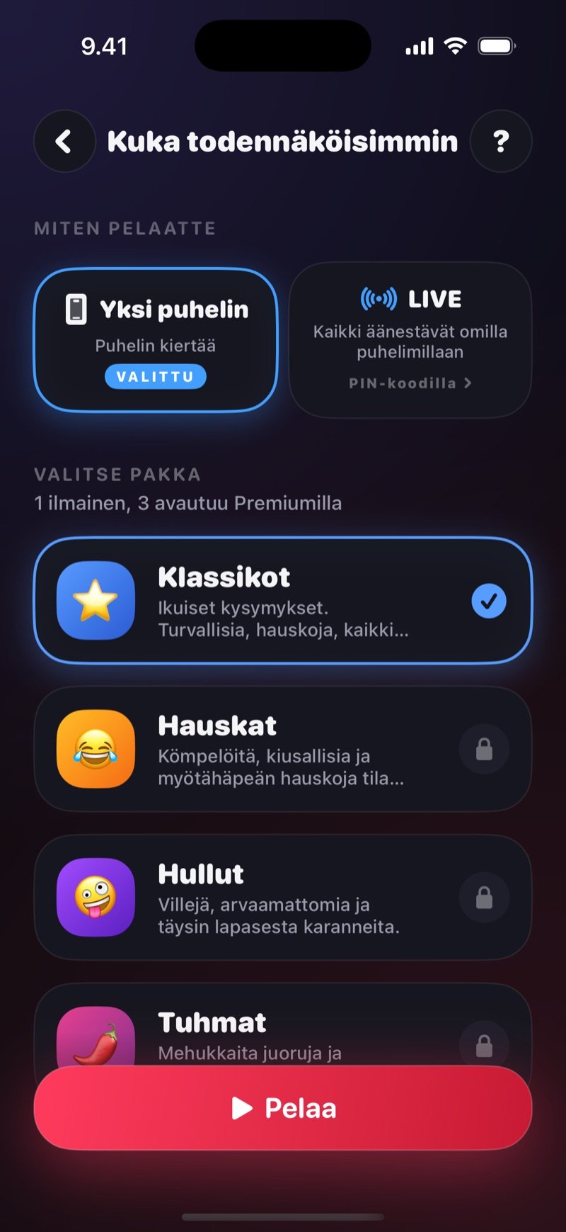 Kuka todennäköisimmin -pelin asetukset: valinta yhden puhelimen ja LIVEn välillä, PIN-koodilla liittymisen rivi ja pakkalista Pelaa-painikkeen yläpuolella