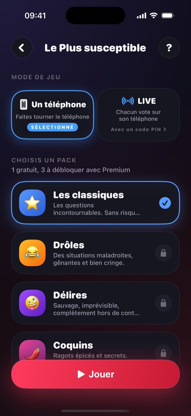 L'écran de mise en place du Plus susceptible : One phone sélectionné à côté de LIVE, une ligne Got a game pin? Join the game, et la liste des packs avec The Classics coché, Funny et Crazy verrouillés, au-dessus d'un bouton Play (capture de la version anglaise)