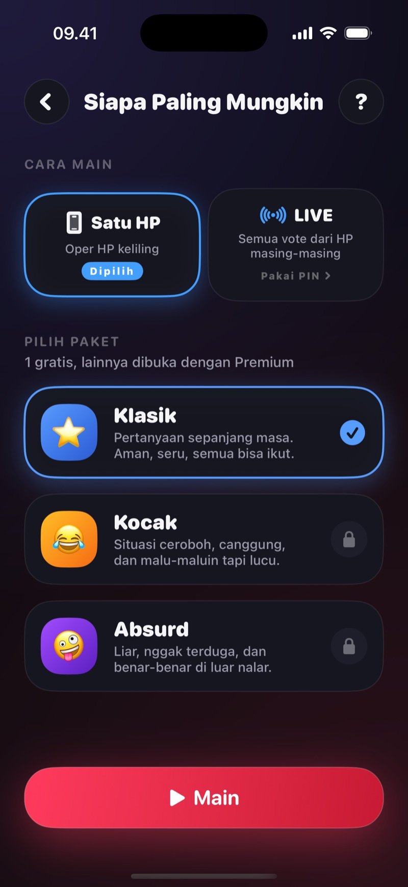 Layar persiapan Siapa Paling Mungkin: pilihan Satu HP atau LIVE, baris untuk gabung pakai PIN, dan daftar paket di atas tombol Main