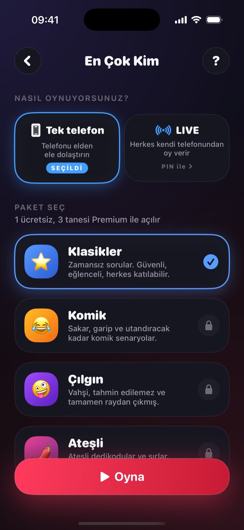 Dronk'ta En Çok Kim kurulum ekranı: Tek telefon ve LIVE seçenekleri, PIN'in var mı? Oyuna katıl satırı, paket listesi ve Oyna düğmesi