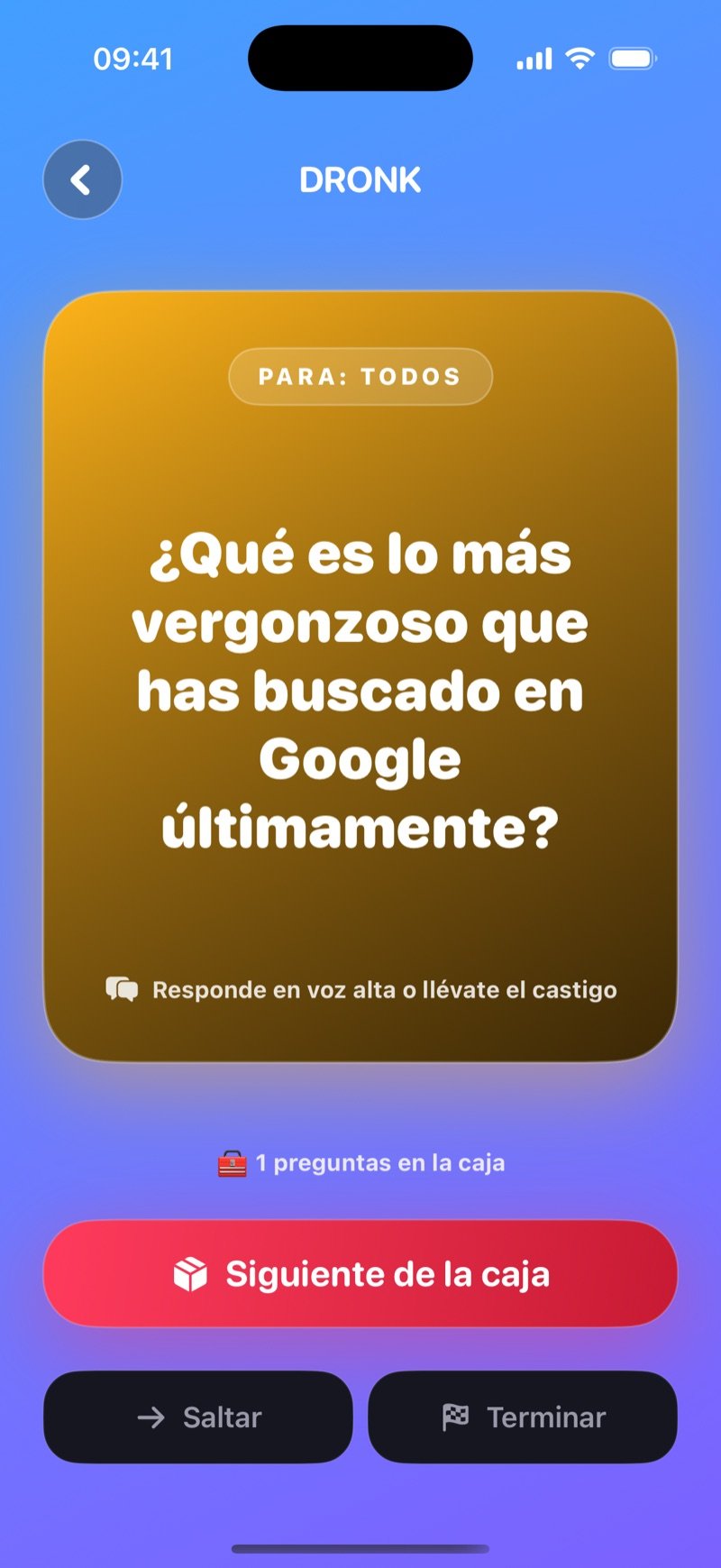 Carta LIVE en La Caja de Pandora sobre fondo azul: una carta dorada con la etiqueta To: Olivia que pregunta When did you last lie to someone in this room?, un contador que marca 1 questions in the box, y los botones Next from the box, Skip y End game (captura de la versión en inglés)