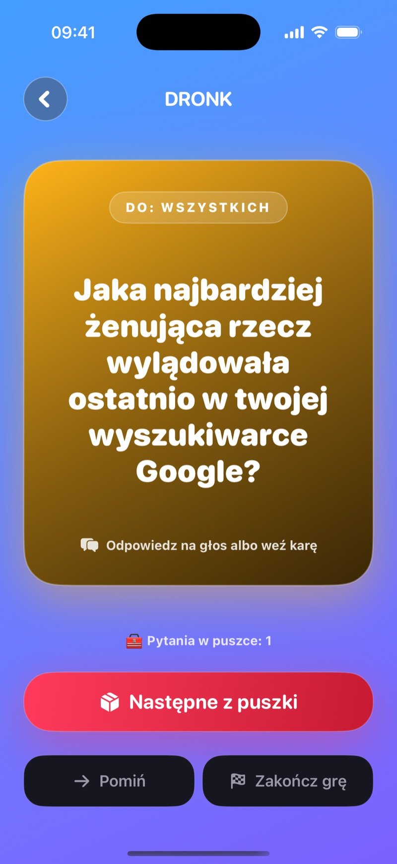Karta LIVE w Puszce Pandory na niebieskim tle: złota karta z etykietą To: Olivia i pytaniem When did you last lie to someone in this room?, licznik 1 questions in the box oraz przyciski Next from the box, Skip i End game (zrzut z wersji angielskiej)