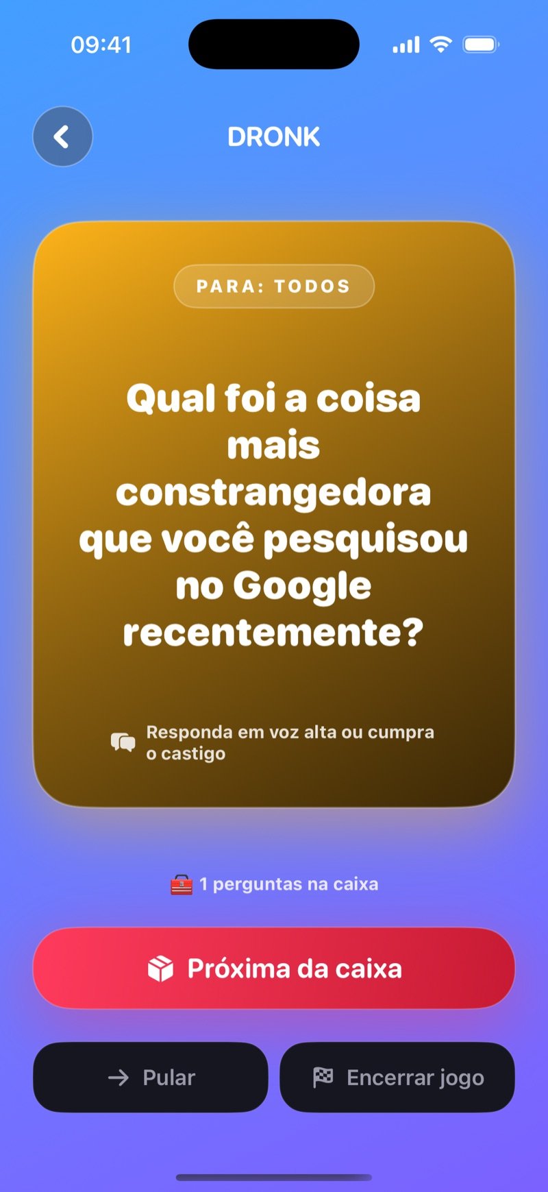 Carta LIVE na Caixa de Pandora sobre fundo azul: carta dourada com To: Olivia perguntando When did you last lie to someone in this room?, um contador com 1 questions in the box, e os botões Next from the box, Skip e End game (captura da versão em inglês)