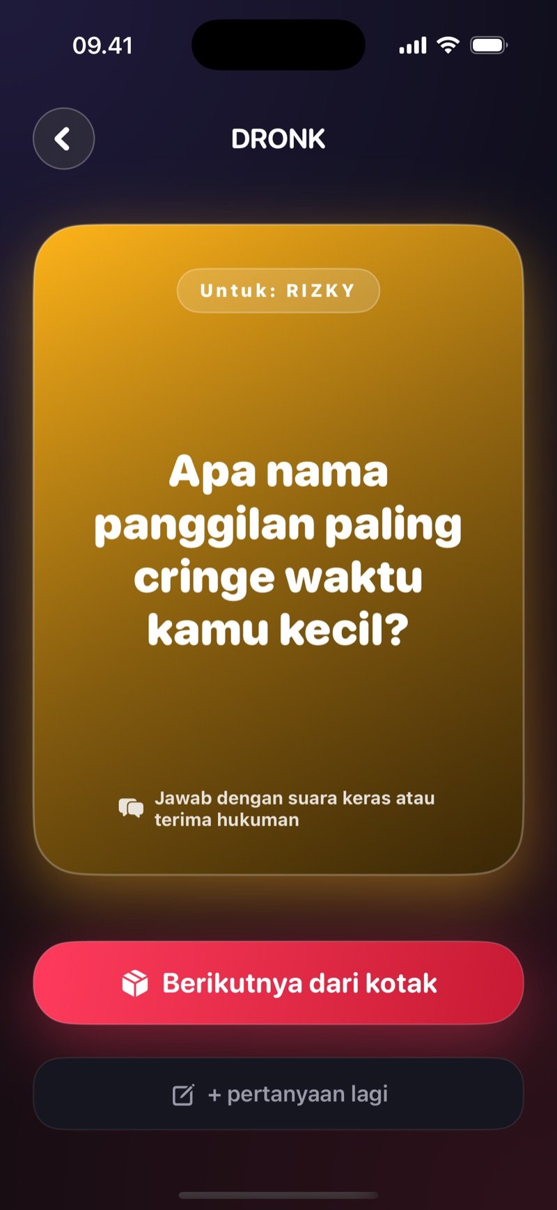 Kotak Pandora di aplikasi Dronk: kartu pertanyaan anonim