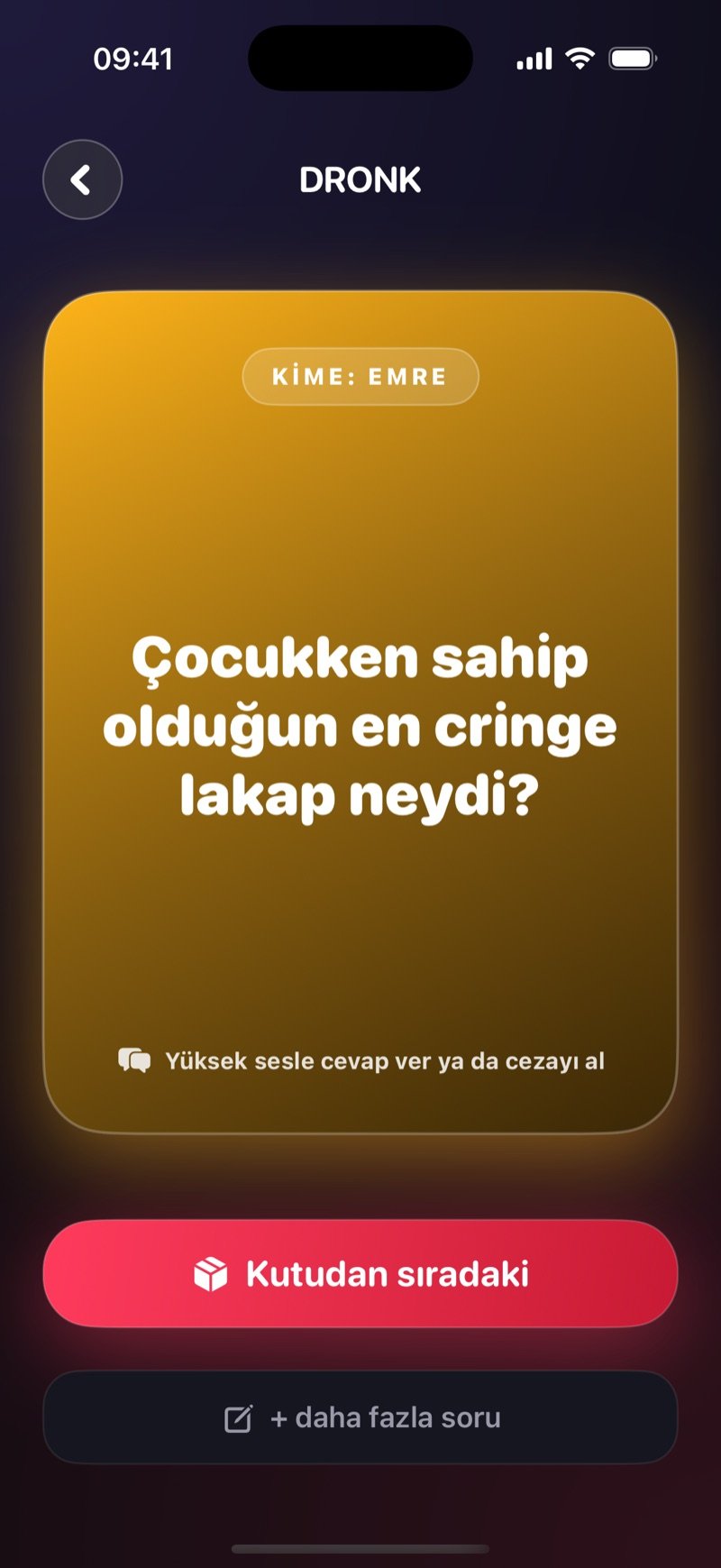 Dronk uygulamasında Pandora'nın Kutusu: isimsiz bir soru kartı