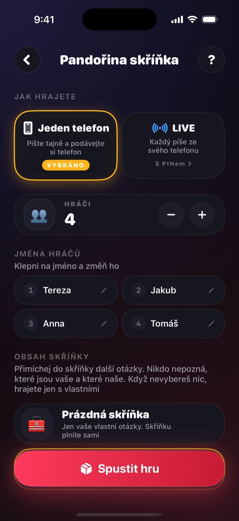 Nastavení Pandořiny skříňky v Dronku: volba Jeden telefon nebo LIVE, řádek pro připojení s PINem, jména hráčů, co bude ve skříňce a tlačítko Spustit hru