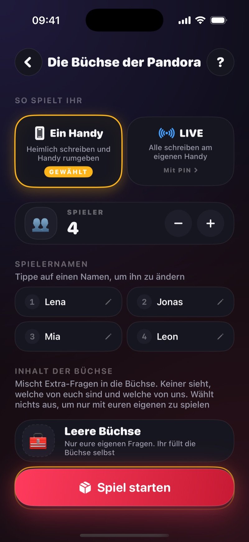 Setup-Screen von Die Büchse der Pandora in Dronk: How you play mit One phone ausgewählt und einer LIVE-Option, eine Zeile Got a game pin? Join the game, 4 Spieler namens Olivia, Jake, Mia und Tyler, ein Abschnitt What's in the box, der mit Empty box beginnt, und ein Button Start the game