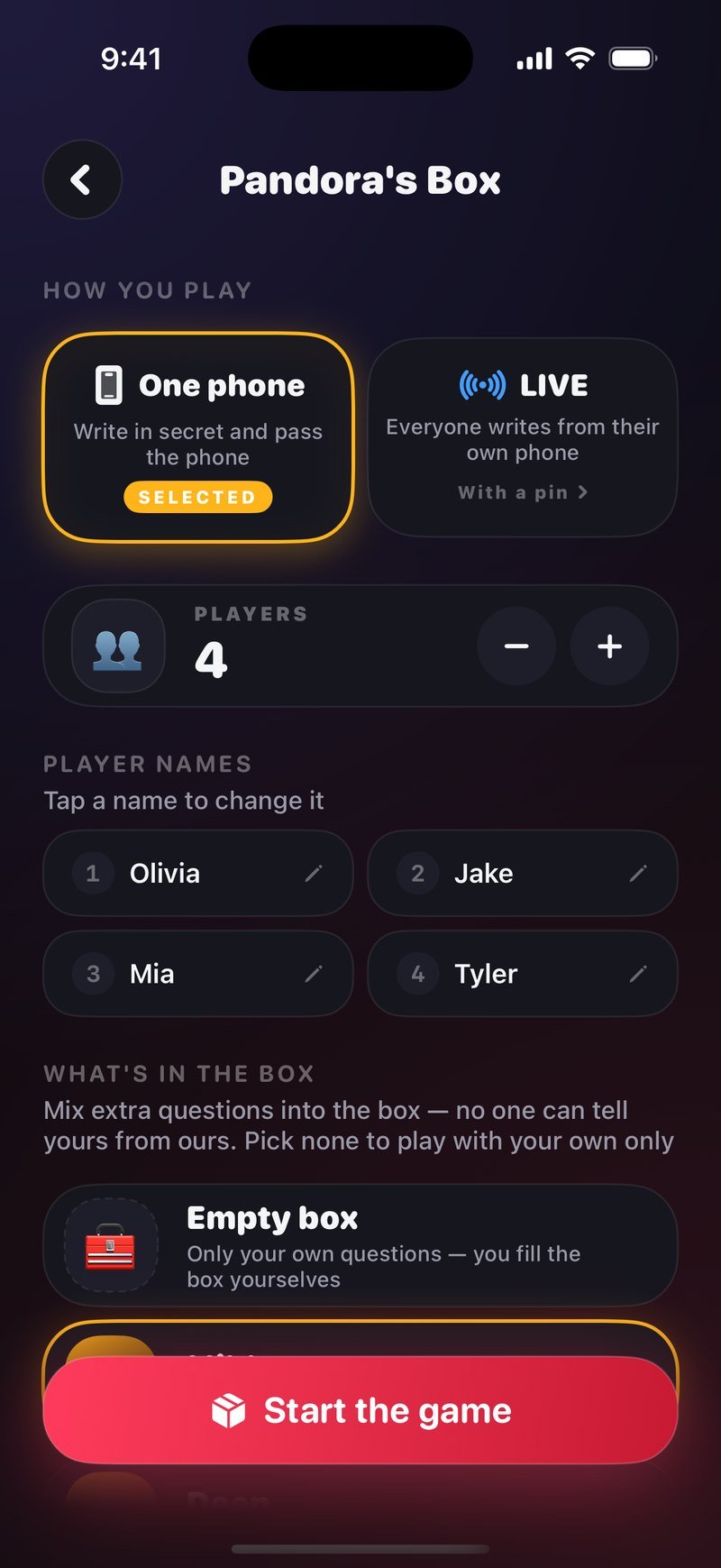 Dronk 속 판도라의 상자 설정 화면: One phone이 선택되고 LIVE 옵션이 있는 How you play, Got a game pin? Join the game 줄, Olivia, Jake, Mia, Tyler라는 플레이어 4명, Empty box로 시작하는 What's in the box 섹션, 그리고 Start the game 버튼
