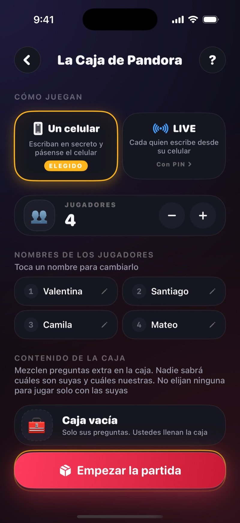 Pantalla de configuración de La Caja de Pandora en Dronk: elegir entre Un celular o LIVE, unirse con un PIN, los nombres de los jugadores, el contenido de la caja y el botón Empezar la partida