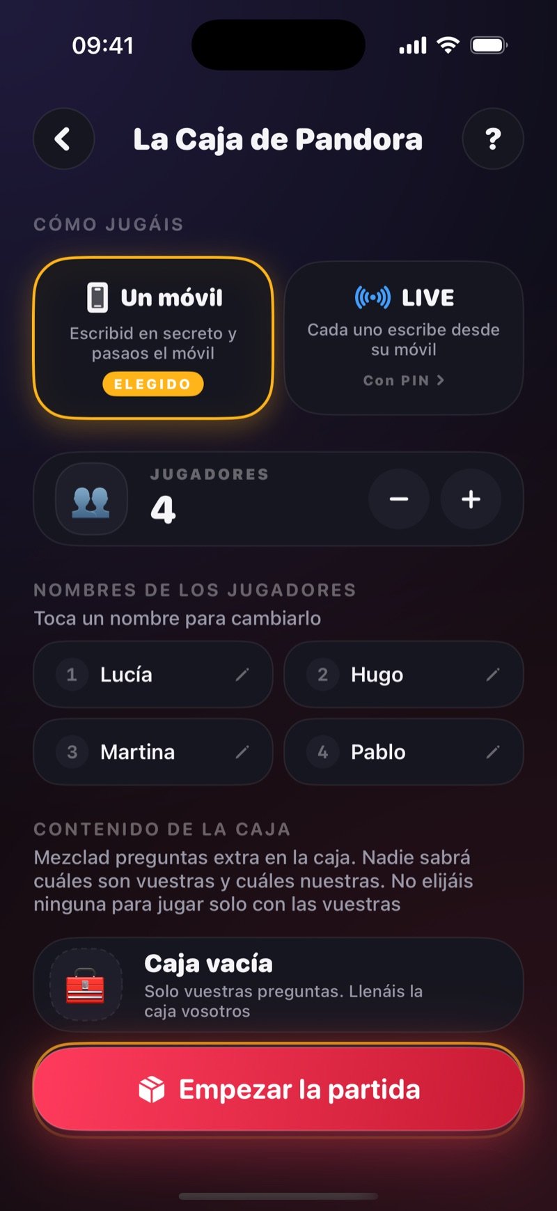 Pantalla de configuración de La Caja de Pandora en Dronk: How you play con One phone seleccionado y una opción LIVE, una fila Got a game pin? Join the game, 4 jugadores llamados Olivia, Jake, Mia y Tyler, una sección What's in the box que empieza por Empty box, y un botón Start the game (captura de la versión en inglés)