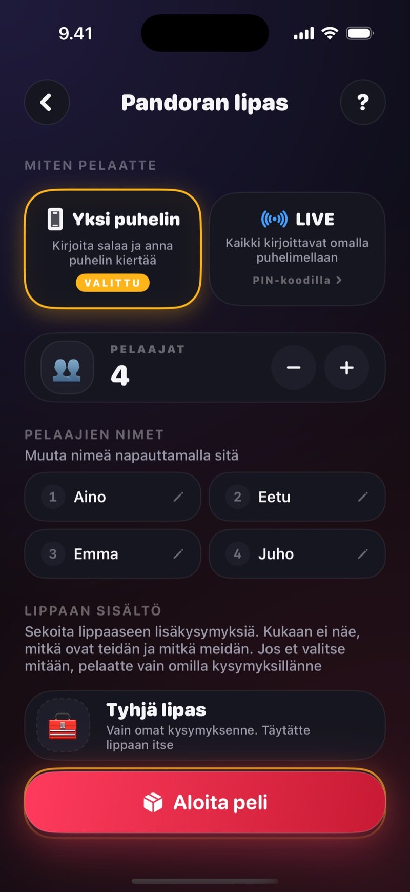 Pandoran lippaan asetukset Dronkissa: Miten pelaatte, vaihtoehtoina Yksi puhelin ja LIVE, rivi Onko PIN-koodi? Liity peliin, pelaajien nimet, Lippaan sisältö -osio ja Aloita peli -painike
