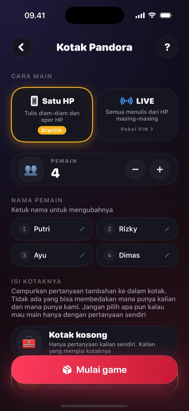Layar setup Kotak Pandora di Dronk: pilihan Satu HP atau LIVE, baris untuk gabung pakai PIN, nama-nama pemain, bagian Isi kotaknya yang dimulai dengan Kotak kosong, dan tombol Mulai game