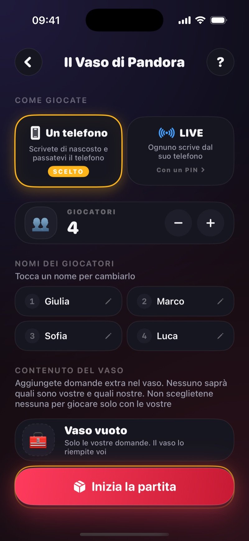 Schermata di preparazione de Il Vaso di Pandora in Dronk: How you play con One phone selezionato e l'opzione LIVE, la riga Got a game pin? Join the game, 4 giocatori di nome Olivia, Jake, Mia e Tyler, la sezione What's in the box che parte da Empty box, e il pulsante Start the game (screenshot della versione inglese)