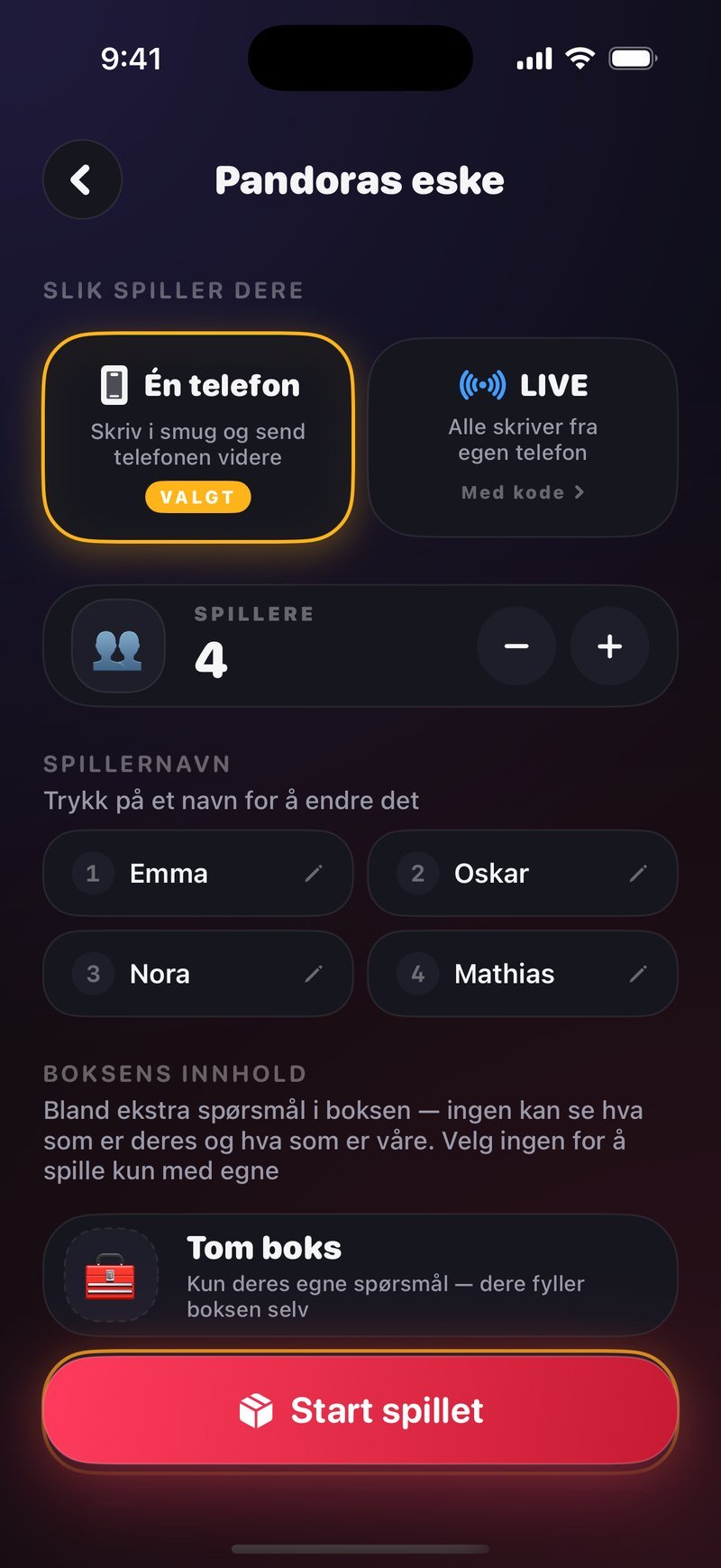 Pandoras eske i Dronk: velg én telefon eller LIVE, og fyll boksen med egne spørsmål