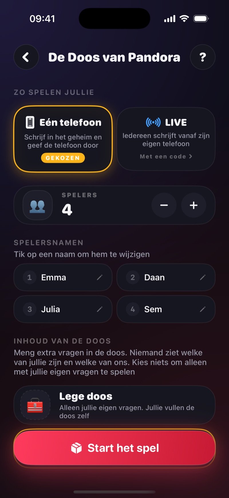 Setupscherm van De Doos van Pandora in Dronk: How you play met One phone geselecteerd en een optie LIVE, een rij Got a game pin? Join the game, 4 spelers met de namen Olivia, Jake, Mia en Tyler, een sectie What's in the box die begint met Empty box, en een knop Start the game (screenshot van de Engelse versie)