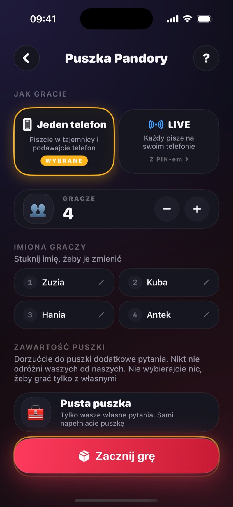 Ekran ustawień Puszki Pandory w Dronk: How you play z zaznaczonym One phone i opcją LIVE, wiersz Got a game pin? Join the game, 4 graczy o imionach Olivia, Jake, Mia i Tyler, sekcja What's in the box zaczynająca się od Empty box oraz przycisk Start the game (zrzut z wersji angielskiej)