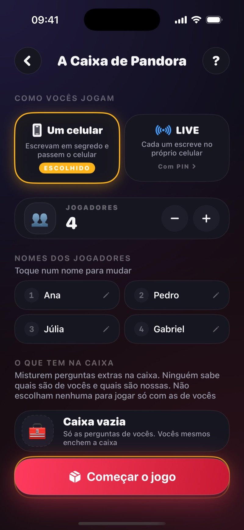 Tela de preparação da Caixa de Pandora no Dronk: How you play com One phone selecionado e uma opção LIVE, a linha Got a game pin? Join the game, 4 jogadores chamados Olivia, Jake, Mia e Tyler, uma seção What's in the box começando por Empty box, e um botão Start the game (captura da versão em inglês)