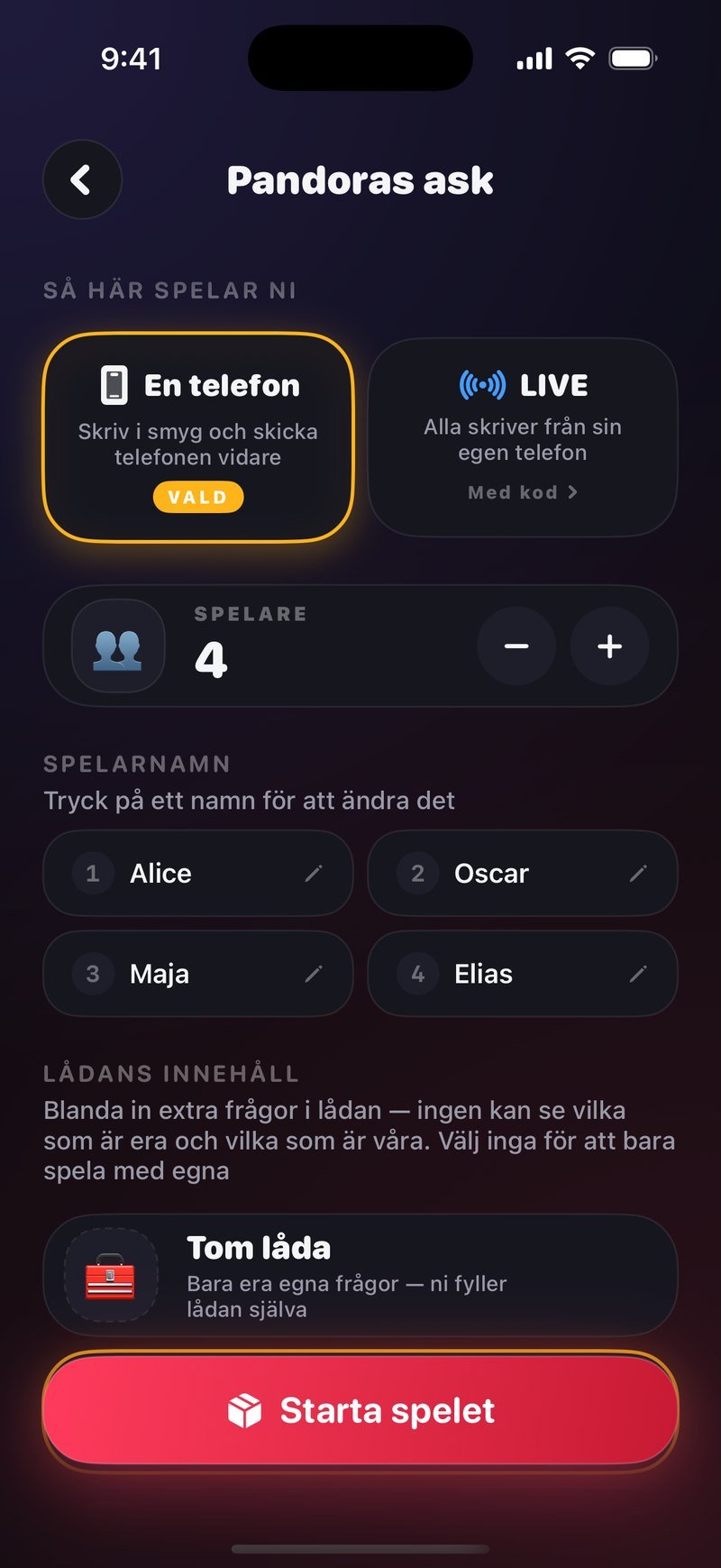 Pandoras ask i Dronk: välj en telefon eller LIVE innan ni fyller lådan med frågor