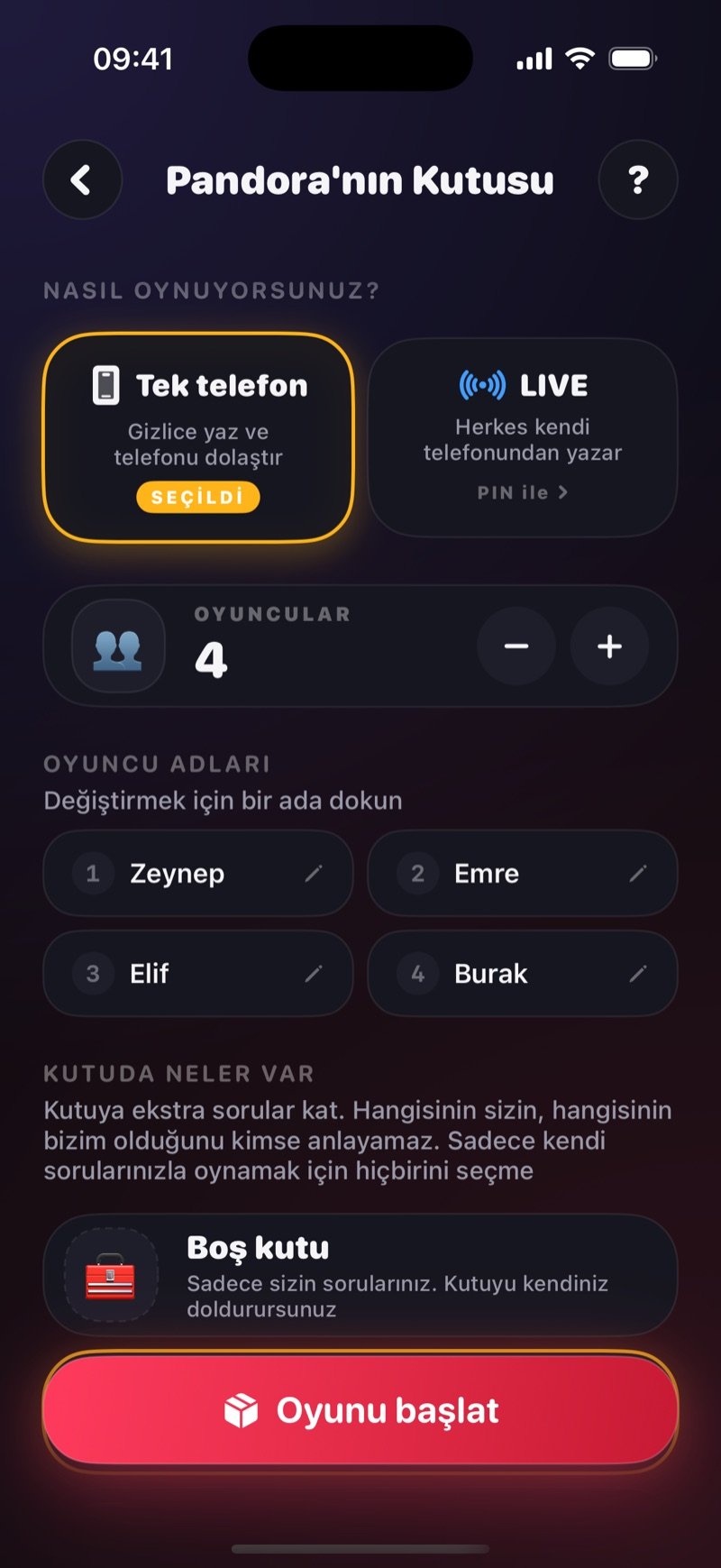 Dronk'ta Pandora'nın Kutusu kurulum ekranı: Tek telefon ya da LIVE seçimi, PIN ile katılma, oyuncu isimleri, kutunun içeriği ve Oyunu başlat düğmesi