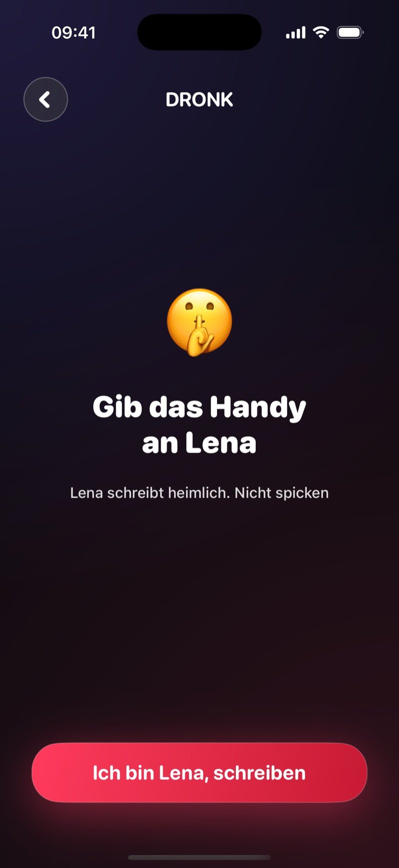 Übergabe-Screen zum Schreiben in Die Büchse der Pandora: Pass the phone to Olivia, Olivia writes in secret, no peeking, mit einem Button I'm Olivia, write